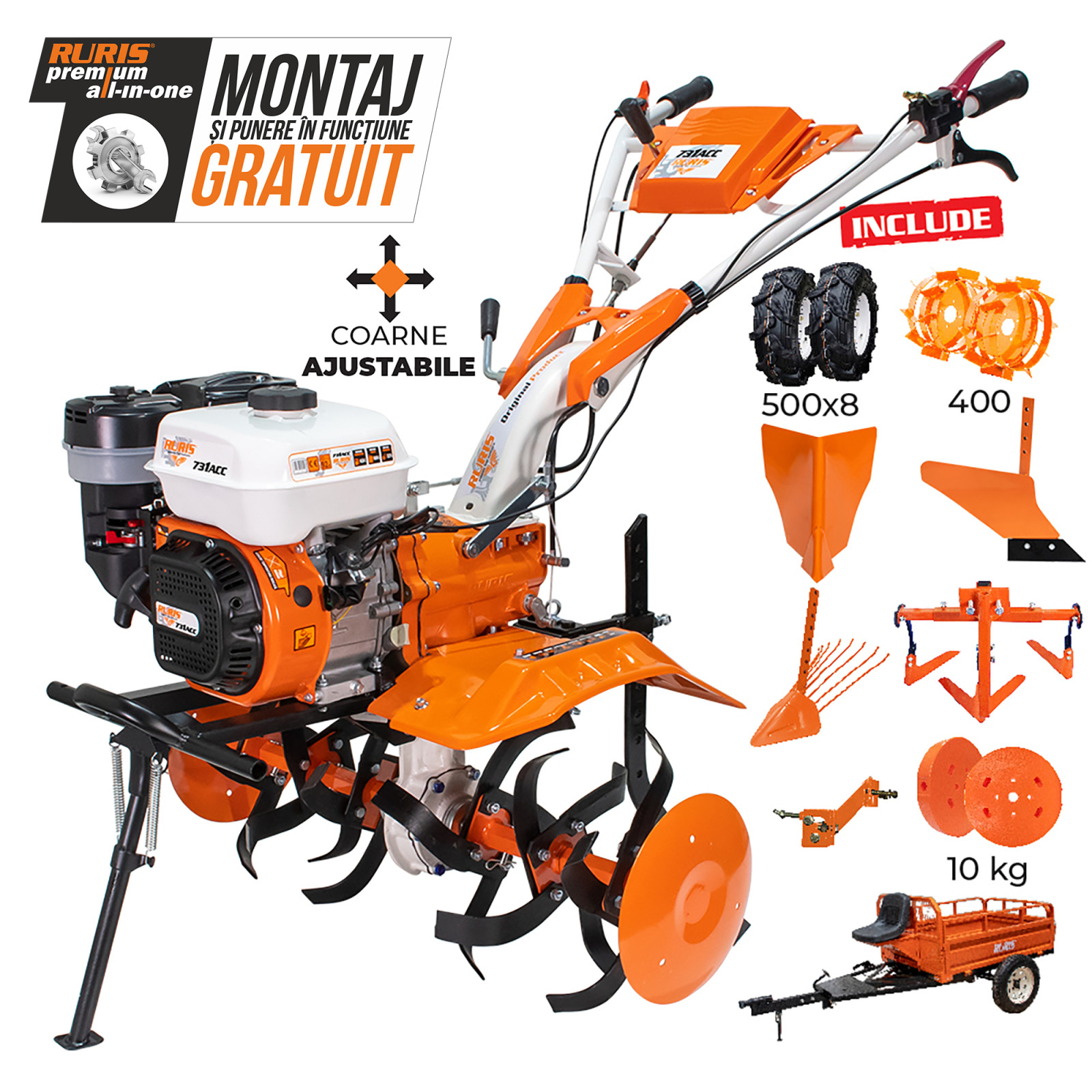 Roti Ruris Motosapa RURIS 731ACC3, roti cauciuc 5.00-8, rarita, plug, adaptor ...