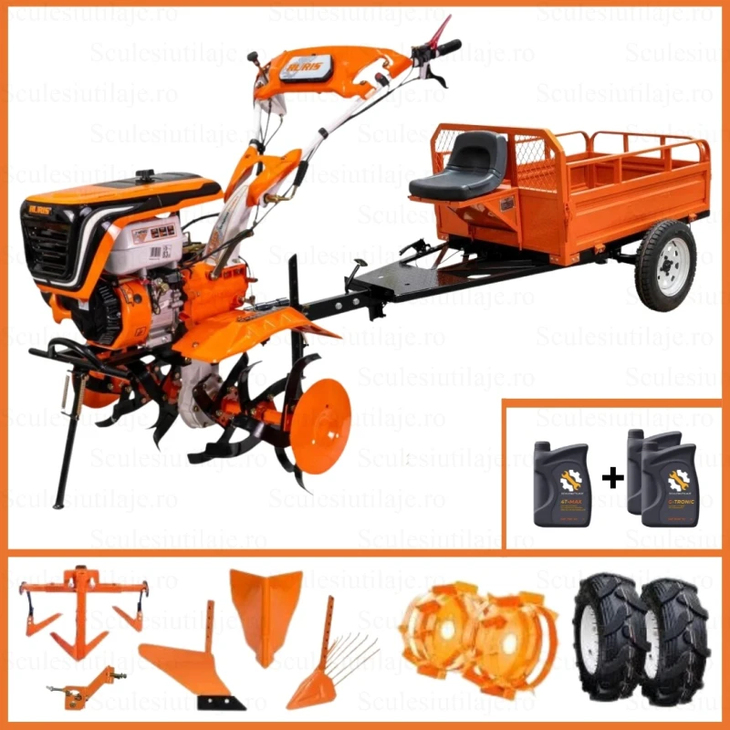 Motosapatoare Ruris 732ACC, 8.5 CP, roti cauciuc 5.00-8, rarita, plug, adaptor, dispozitiv scos cartofi, roti metalice 400 fara manicot, cultivator, remorca 550s, Ruris
