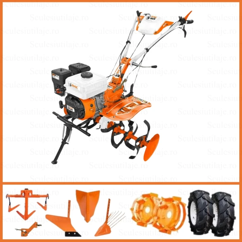 Motosapa RURIS DAC 185, 8.5 CP, 208 cc, roti cauciuc + roti metalice 400 + rarita + plug + dispozitiv cartofi + cultivator