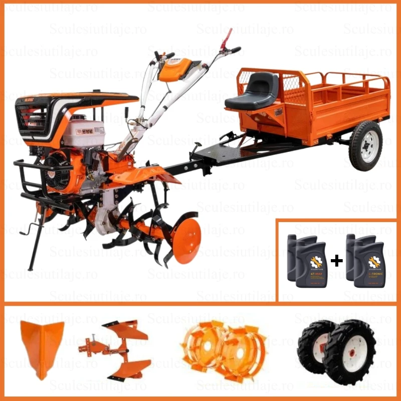 Motosapa RURIS 915ACC, 15 CP, 420 CC, 4 timpi, latime lucru 110 cm, adancime lucru 36 cm, roti cauciuc, rarita, plug reversibil, roti metalice, + remorca 550s, ulei