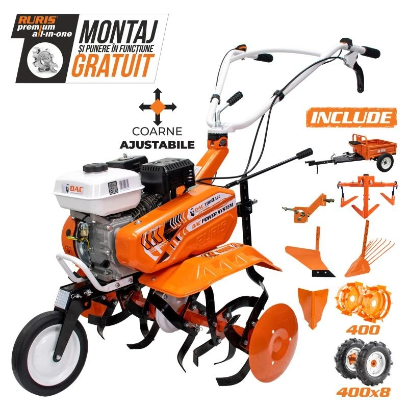 Motosapa RURIS DAC 7000ACC4, 7 cp, 83 cm, rarita, plug, dispozitiv scos cartofi, roti cauciuc si metalice fara manicot, cultivator, remorca RURIS 450S
