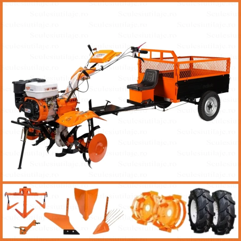 Motosapa RURIS 731ACC3, roti cauciuc 5.00-8, rarita, plug, adaptor, dispozitiv scos cartofi, roti metalice, cultivator, Remorca TTS500, 500 kg
