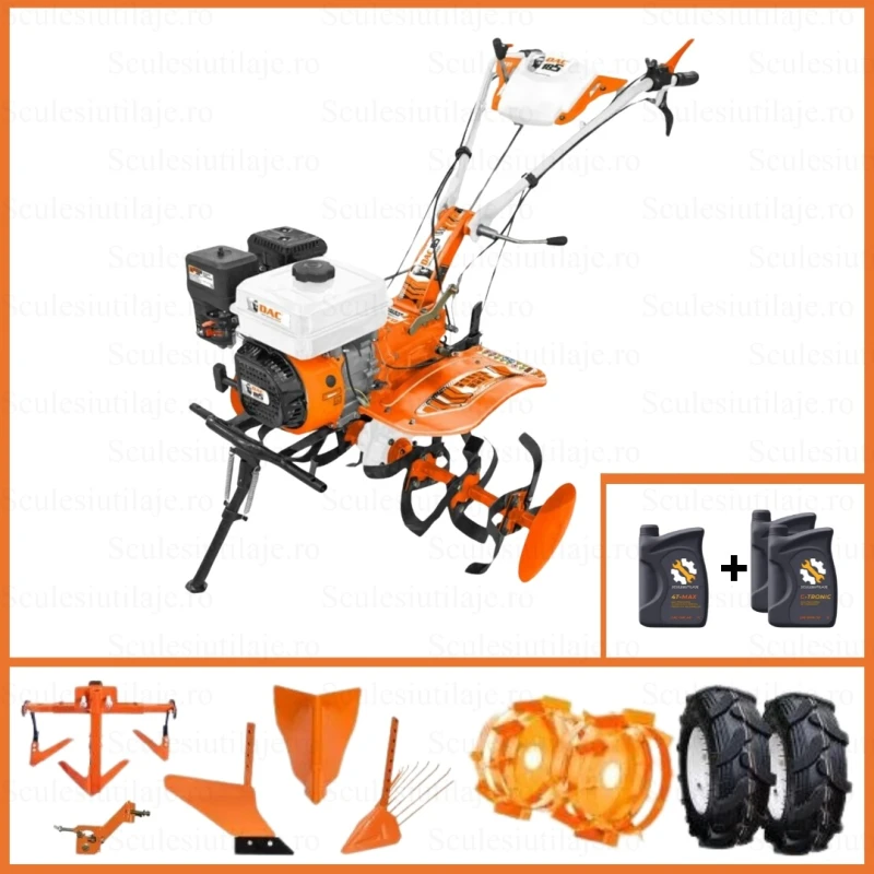 Motosapa RURIS DAC 185, 8.5 CP, 208 cc, roti cauciuc + roti metalice 400 + rarita + plug + dispozitiv cartofi + cultivator, ulei
