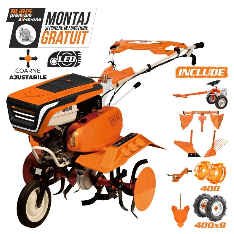 Motosapa Ruris 7500ACC3, roti cauciuc 4.00-8, rarita ajustabila, plug, adaptor, dispozitiv cartofi, cultivator multifunctional, accesoriu tractat, roti metalice 400 fara manicot