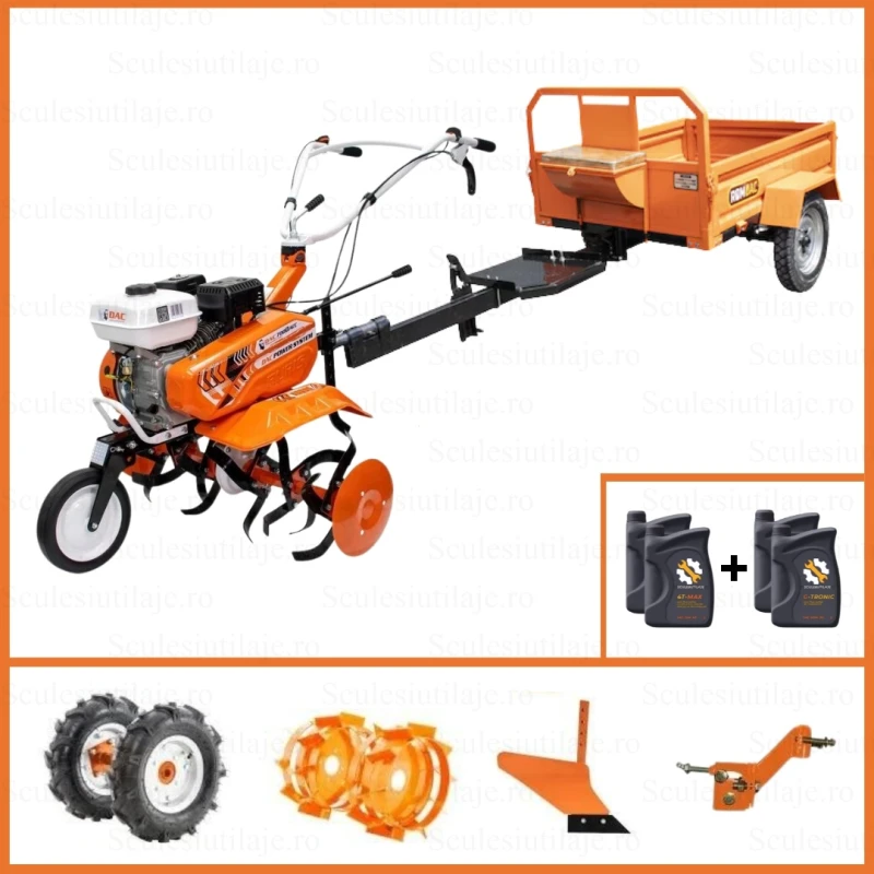 Motosapa RURIS DAC 7000ACC2, 7 CP, 4 timpi, 208 cc, roti cauciuc 4.00-8 + plug + adaptor + roti metalice 350 fara manicot + Remorca motocultor 450kg