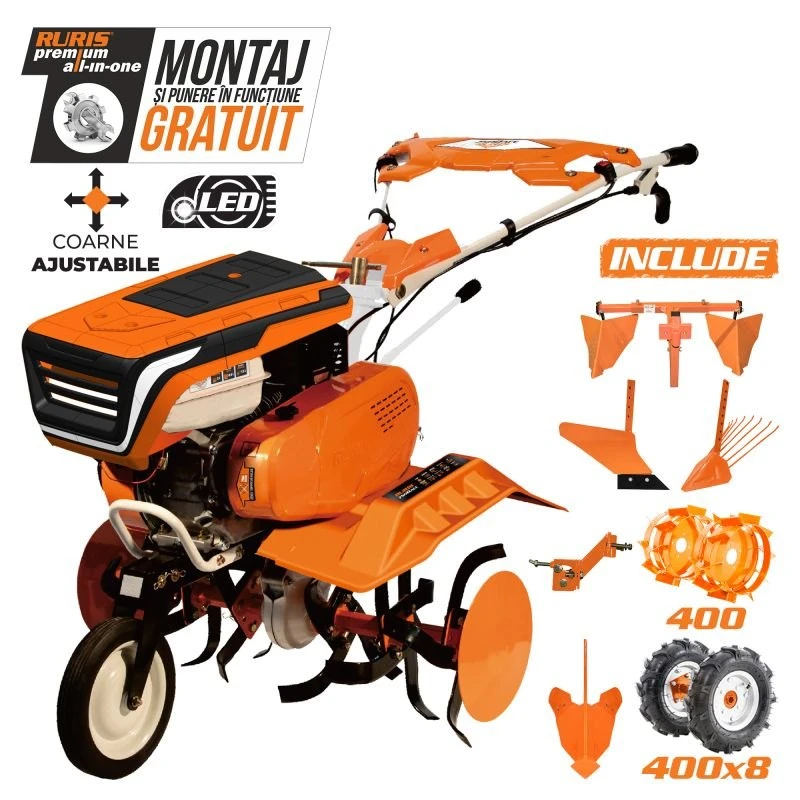 Motosapa RURIS 7500ACC5, roti cauciuc 4.00-8, rarita ajustabila, plug, adaptor, dispozitiv cartofi, cultivator, roti metalice