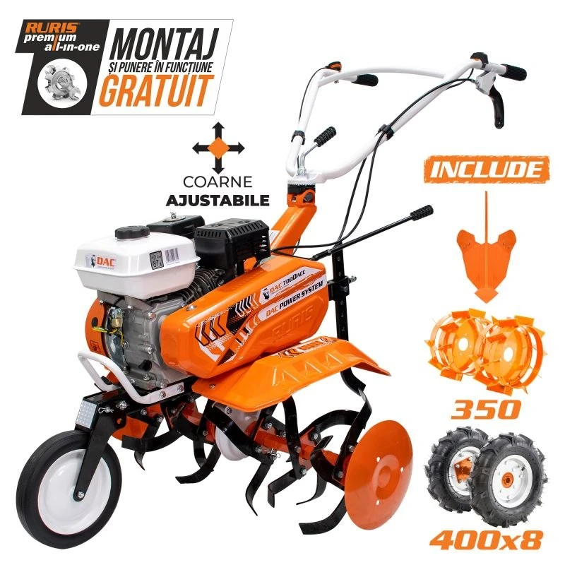 Motosapa RURIS DAC 7000ACC1, 7 CP, 4 timpi, 208 cc, roti cauciuc 4.00-8 + rarita ajustabila + roti metalice 350 fara manicot