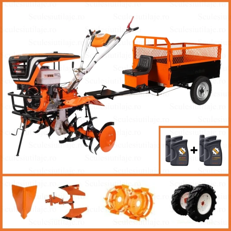 Motosapa RURIS 915ACC, 15 CP, 420 CC, 4 timpi, latime lucru 110 cm, adancime lucru 36 cm, roti cauciuc, rarita, plug reversibil, roti metalice, + Remorca TTS500, 500 kg, ulei