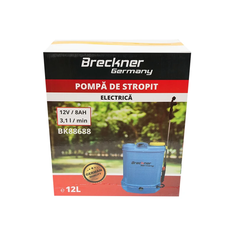 Pompa electrica/pulverizator de stropit vermorel, rezervor 12L baterie 12V 8Ah debit 3.1 l/min Breckner Germany