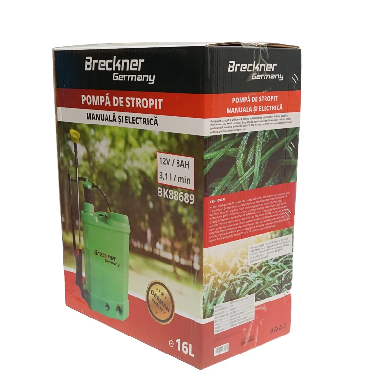 Pompa de stropit vermorel 2 in 1 manuala si electrica rezervor 16L baterie 12V 8Ah debit 3.1 l/min Breckner Germany