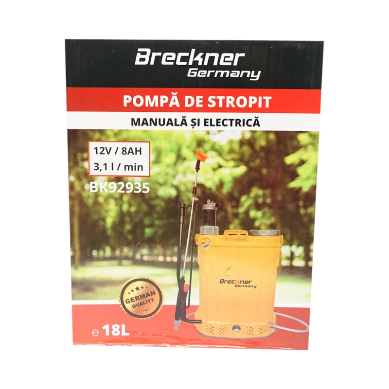 Pompa de stropit vermorel 2 in 1 manuala si electrica rezervor 18L baterie 12V 8Ah debit 3.1 l/min Breckner Germany
