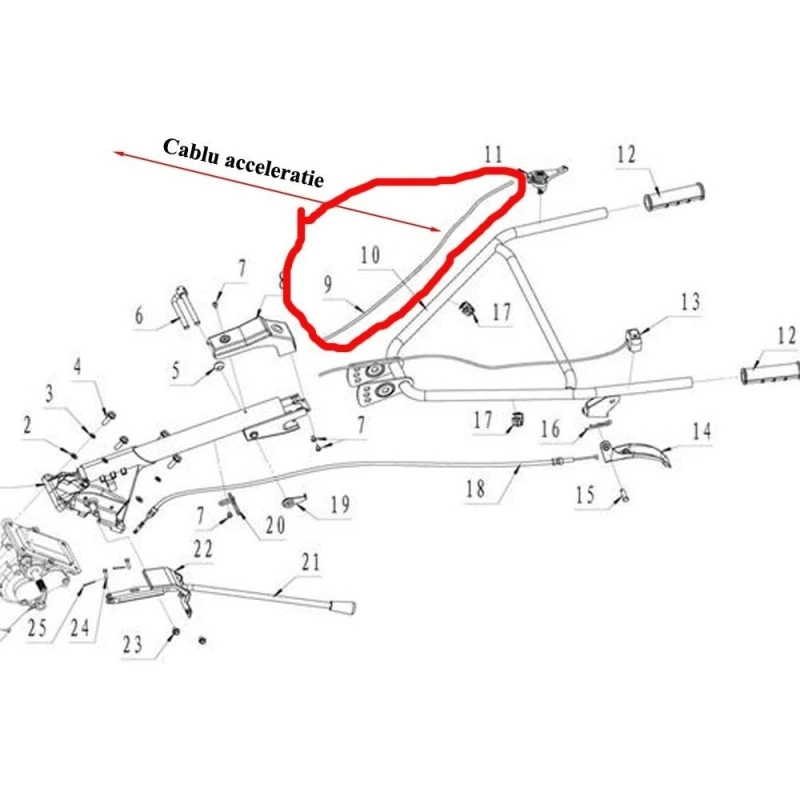 Cablu acceleratie RURIS PS6500k-2-9, lungime totala 123 cm, lungime manta 106 cm, pentru motosapa Ruris Dac, Zimbru, Gigant