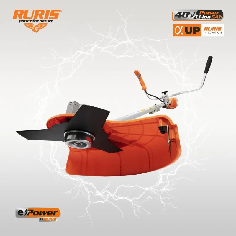 Coasa electrica pe acumulator RURIS RR 3845e, 200 Wh, diametru taiere cu fir 380 mm, cu cutit metalic 255 mm, fara acumulator, fara incarcator