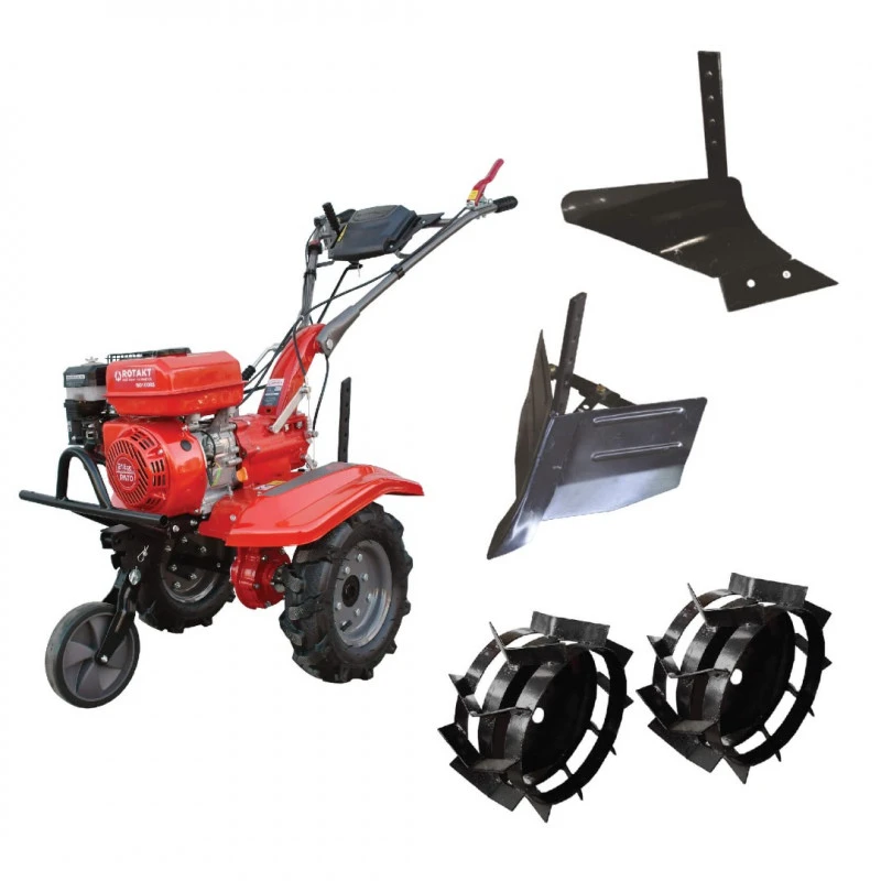 Pachet Motocultor Rotakt. RO100RS, 7 CP, benzina, Plug de arat - Plug de bilonat - Roti metalice 4.00-8  ( 041251)