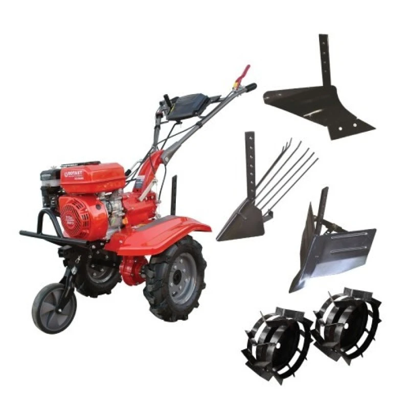 Pachet Motocultor Rotakt,RO100RS, 7 CP, benzina, Plug de arat - Plug de bilonat - Plug de scos cartofi - Roti metalice 4.00-8 (cod 041252)