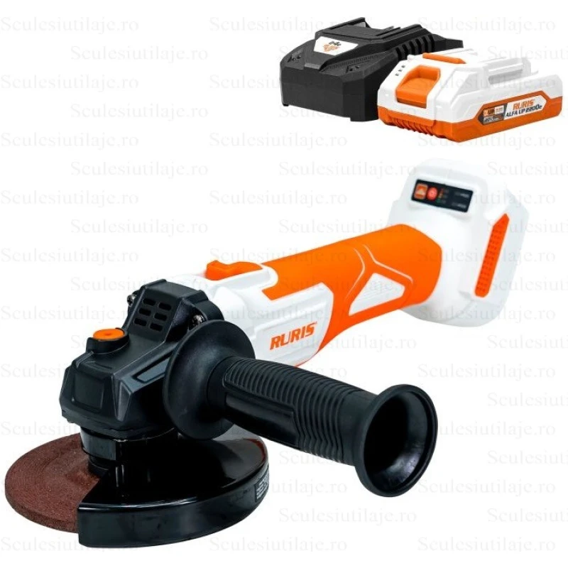 Polizor unghiular cu acumulator RURIS RMX4125 Power Alfa Up 4125RMA2024, 2600-8500 rpm, disc 125 mm, acumulator Li-Ion 20V, 2Ah, incarcator