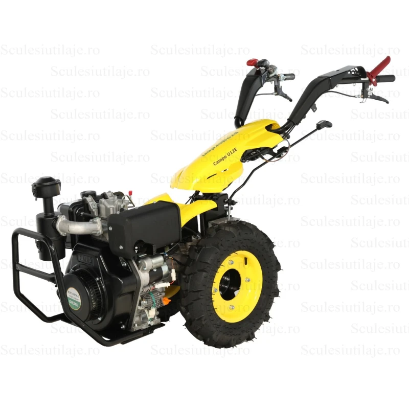 ProGARDEN Campo U12E motocultor multifunctional 12CP, diesel, pornire electrica, 3+2 viteze, reductor + FT90 freza tractata 900mm + BC12M bara cosire mobila 120cm