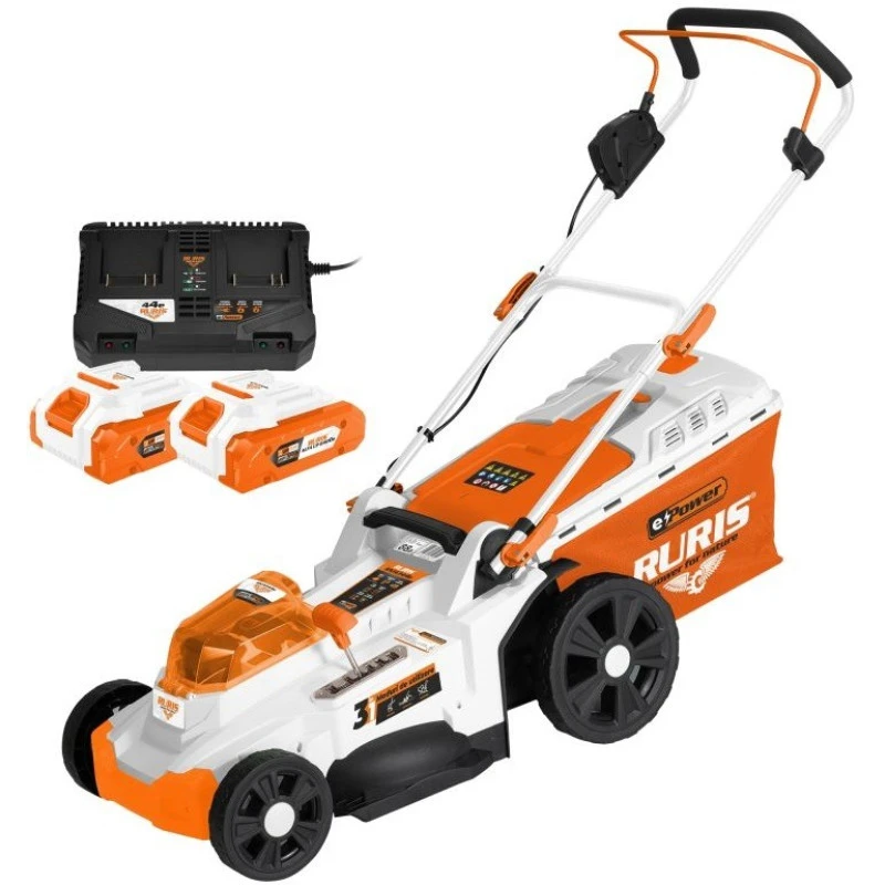 Masina de tuns gazon cu acumulator RURIS RXI4344e Power Alfa UP, latime lucru 43 cm, 6 niveluri, 25-75 mm, cos 50 litri, 2 x Li-Ion 20V, 4Ah, incarcator dublu