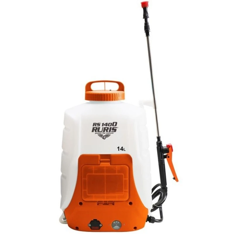 Pulverizator electric RURIS RS 1400, bazin 14 litri, presiune lucru 0.2-0.4 Mpa, 6 bar, 3000 rpm, lance telescopica, acumulator 12V, 8Ah