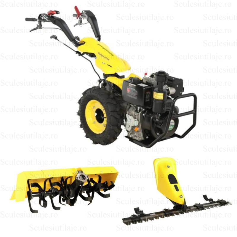 ProGARDEN Campo U12E motocultor multifunctional 12CP, diesel, pornire electrica, 3+2 viteze, reductor + FT90 freza tractata 900mm + BC12M bara cosire mobila 120cm
