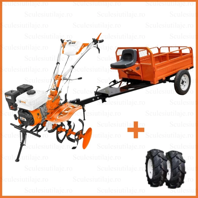 Motosapa RURIS DAC 185 + roti cauciuc 5.00-8 18512024, putere neta 7.5 CP + Remorca Ruris 550S
