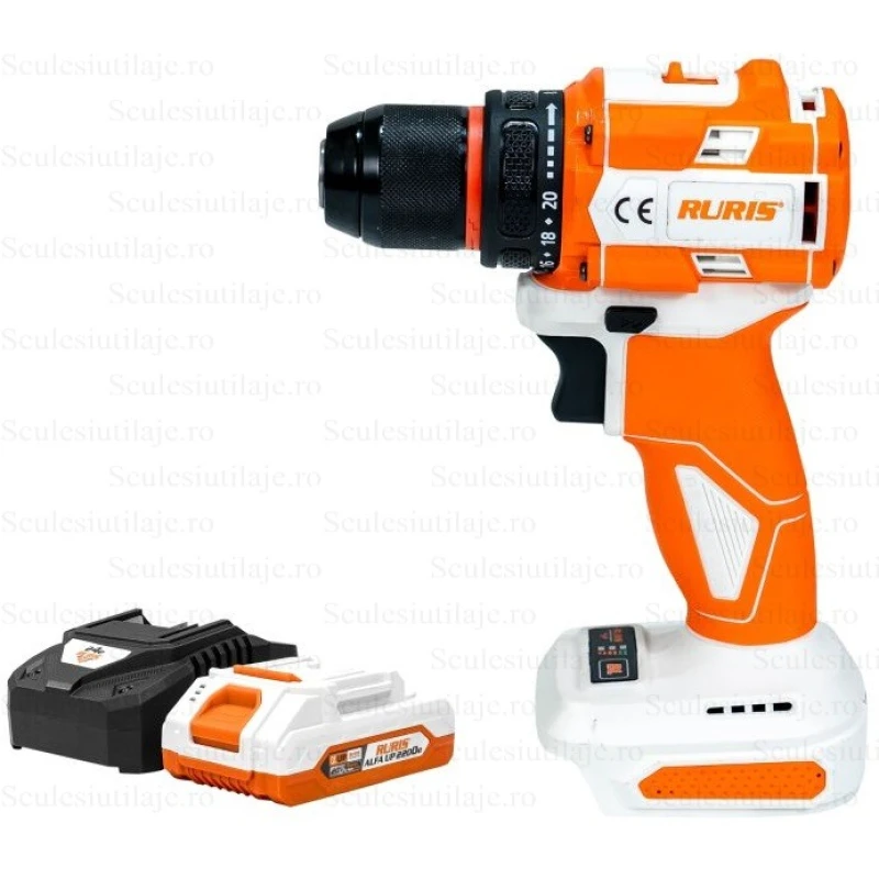 Masina de gaurit/insurubat cu acumulator RURIS RMX1260 Power Alfa Up 1260RMA2024, 60 Nm, 0-450-2000 rpm, accesorii, 1 x Li-Ion 20V, 2Ah, incarcator