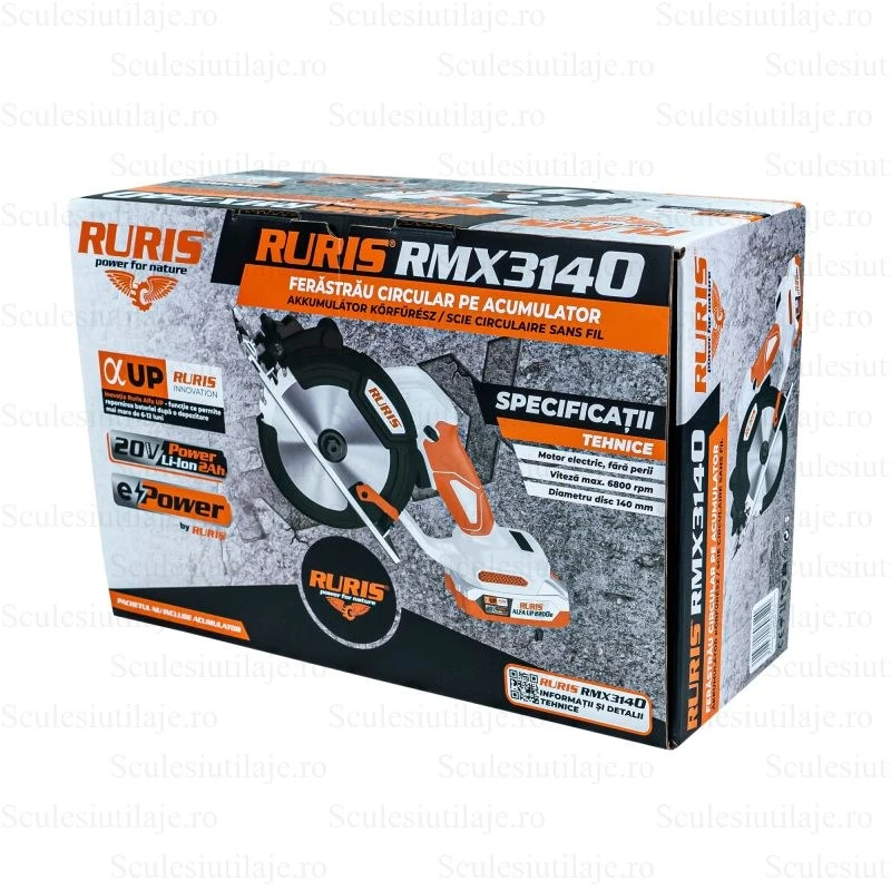 Fierastrau circular pe acumulator RURIS RMX3140 3140RMX2024, 20V, 6800 rpm, disc 140 mm, adancime taiere 50 mm, fara acumulator, fara incarcator