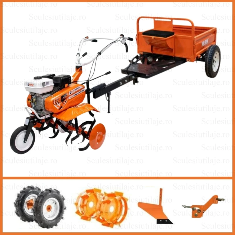 Motosapa RURIS DAC 7000ACC2, 7 CP, 4 timpi, 208 cc, roti cauciuc 4.00-8 + plug + adaptor + roti metalice 350 fara manicot + Remorca Ruris 450S