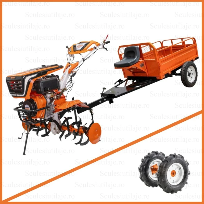 Motocultor RURIS 1001KSD Start, motor General Engine, 4 timpi, 408 CC, 11 CP,  Diesel, roti cauciuc 5.00-12 + Remorca Ruris 550S