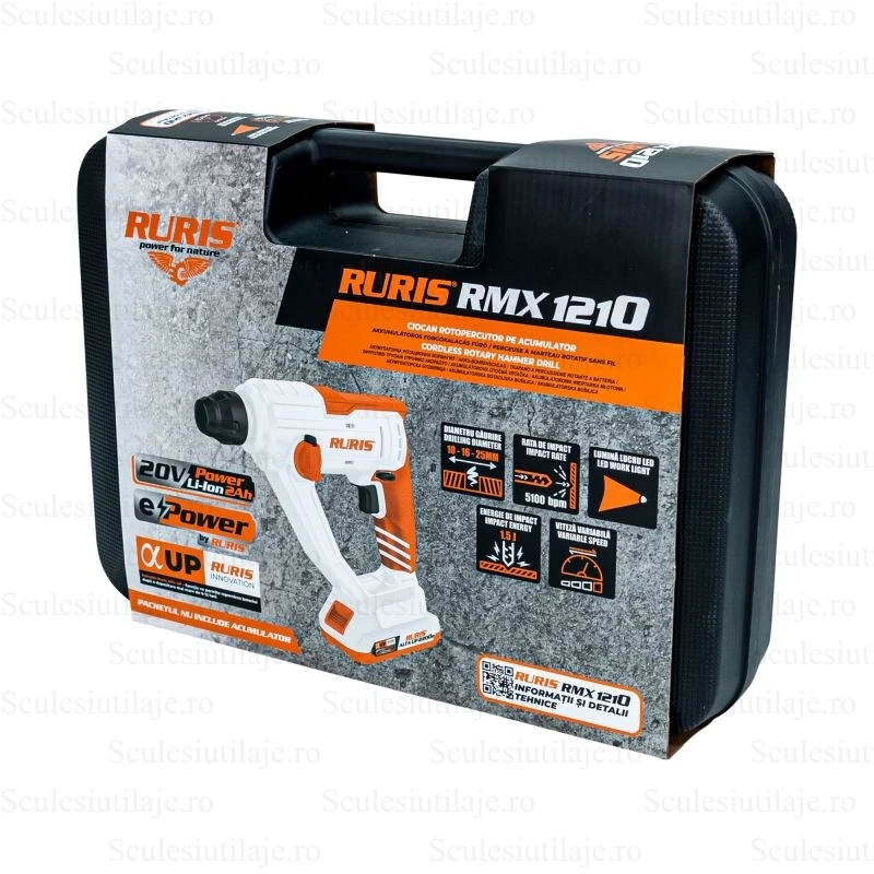 Ciocan rotopercutor pe acumulator RURIS RMX1210 1210RMX2024, 20V, SDS Plus, 900 rpm, 5100 bpm, 1.5 J, fara acumulator, fara incarcator