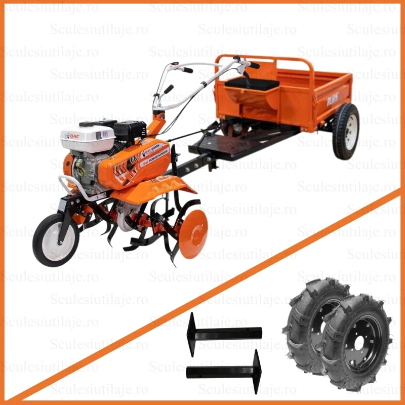 Motosapa Ruris DAC 6000K, motor benzina, putere motor 7 CP, 4 timpi, 208 CC, Freze, Roti de cauciuc, Remorca Ruris 450S