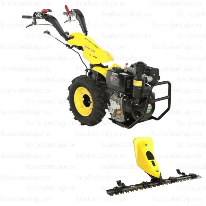 ProGARDEN Campo U12E motocultor multifunctional 12CP, diesel, pornire electrica, 3+2 viteze, reductor + BC120M bara cosire mobila 120cm