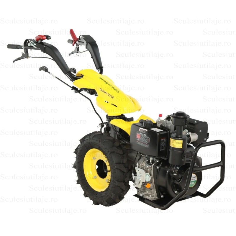 ProGARDEN Campo U12E motocultor multifunctional 12CP, diesel, pornire electrica, 3+2 viteze, reductor + FT90 freza tractata 900mm + BC12M bara cosire mobila 120cm