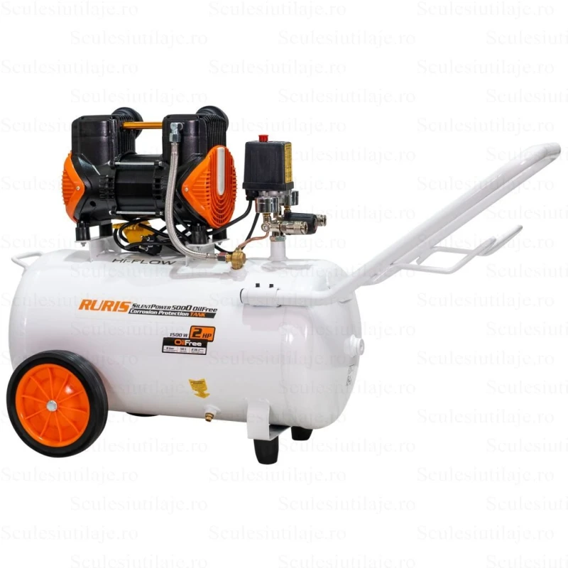Compresor Silentios RURIS Silent Power 5000 OilFree – 1500W, 2CP, 50L, 236 l/min, 8 Bar, Fara Ulei, 2 Cilindri, 2 Iesiri, Protectii Multiple