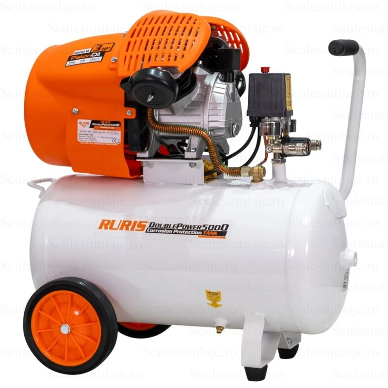 Compresor Aer RURIS Double Power 5000 – 2200W, 3CP, 50L, 354 l/min, 8 Bar, 2 Cilindri, 2 Iesiri cu Manometru