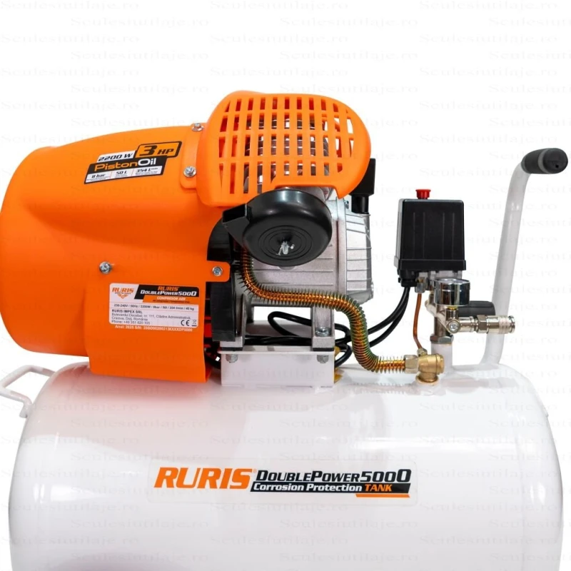 Compresor Aer RURIS Double Power 5000 – 2200W, 3CP, 50L, 354 l/min, 8 Bar, 2 Cilindri, 2 Iesiri cu Manometru