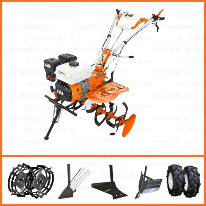 Motosapa pe benzina RURIS DAC 185 + roti cauciuc 5.00-8 18512024, putere maxima 8.5 CP, motor 4T, 208 CC + roti metalice, dispozitiv de cartofi, plug, rarita