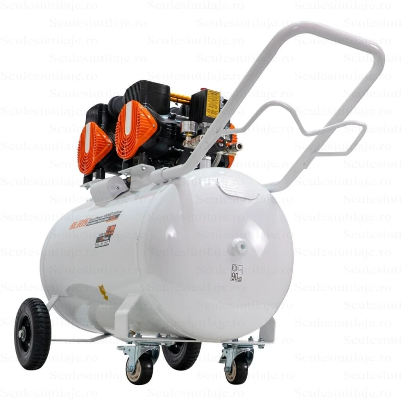 Compresor Silentios RURIS Silent Power 10000 OilFree – 3000W, 100L, 528 l/min, 8 Bar, Fara Ulei, 2 Cilindri, 2 Iesiri, Protectii Multiple