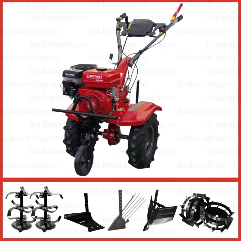 Motocultor Rotakt RO110RV motor 8 CP benzina latime lucru 90 cm 2+1 viteze freze roti cauciuc 5.00-8 roata frontala, plug, rarita, dispozitiv de scos cartofi, roti metalice