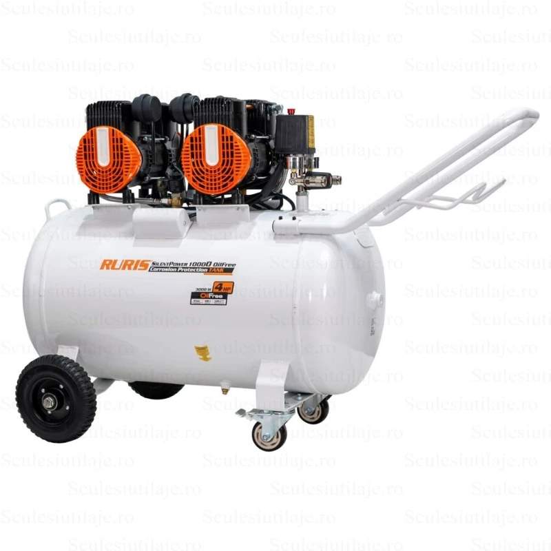 Compresor Silentios RURIS Silent Power 10000 OilFree – 3000W, 100L, 528 l/min, 8 Bar, Fara Ulei, 2 Cilindri, 2 Iesiri, Protectii Multiple