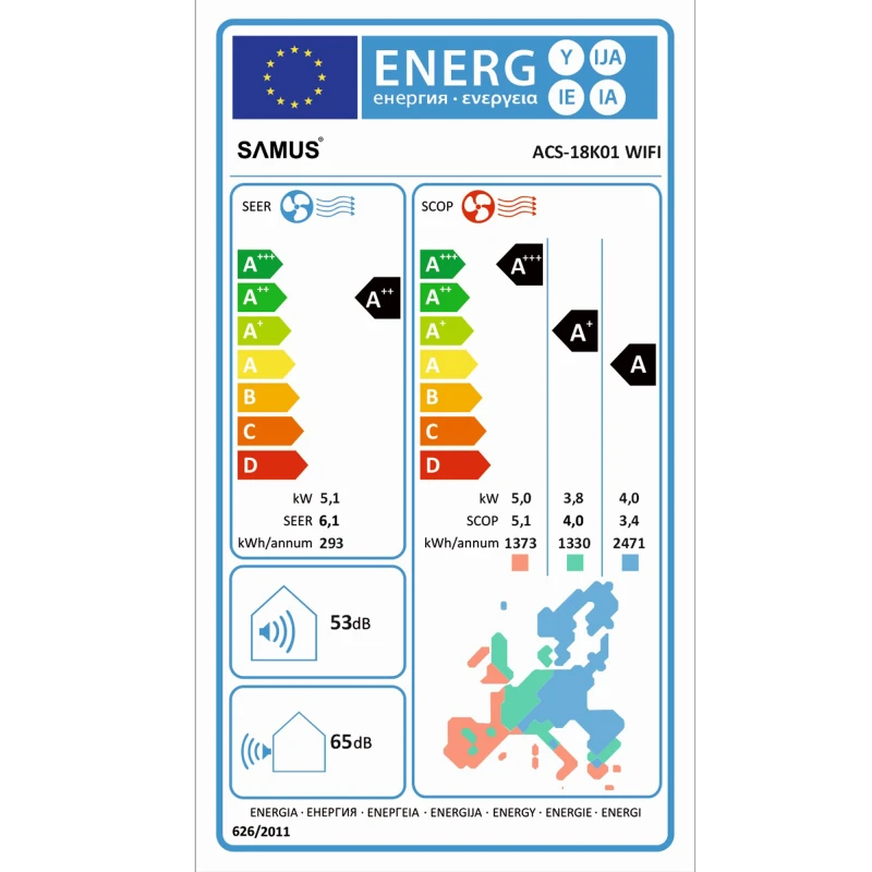 Aparat de aer conditionat Samus ACS-18K01, 18000 BTU, A++ / A+, Wi-Fi, inverter, ventilatie, functie incalzire, mod eco, I Feel, timer, mod de noapte, autocuratare
