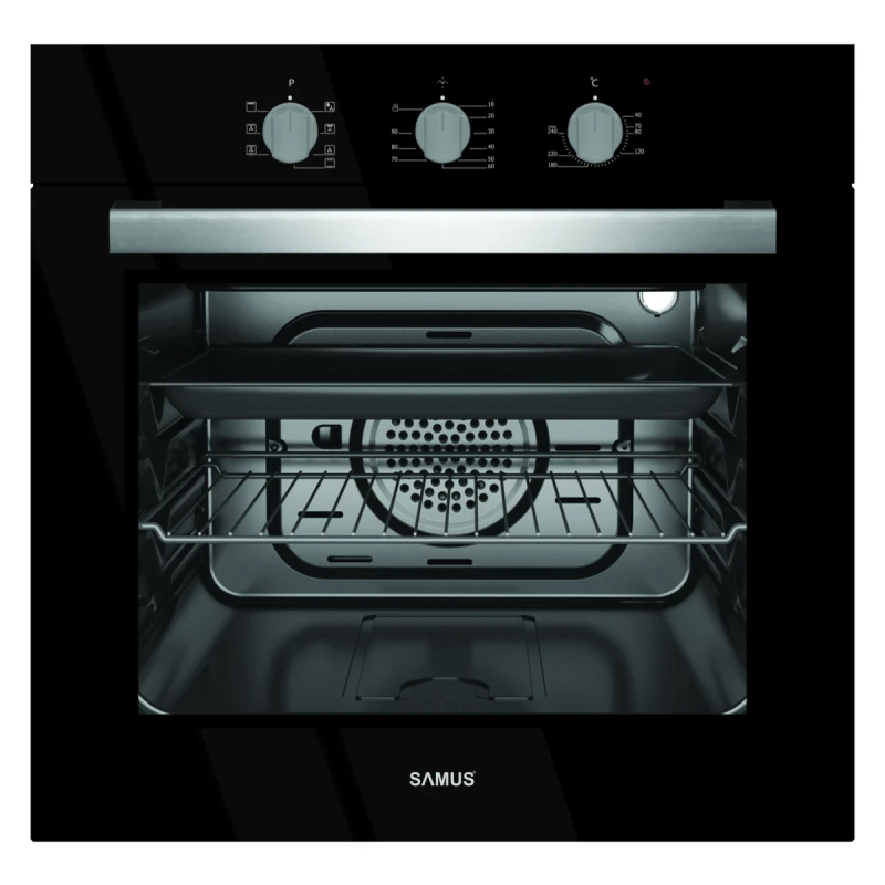 Cuptor electric incorporabil Samus SC618TGV, clasa A, 58 litri, 6 functii, grill, ventilator, timer, 2200 W, negru