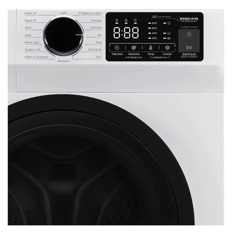 Masina de spalat rufe frontala, Samus WSNDI-8146, 8 kg, 1400 rpm, clasa A, adancime 47 cm, motor inverter, auto-echilibrare tambur, curatare tambur, pornire intarziata, blocare acces copii, control antispuma