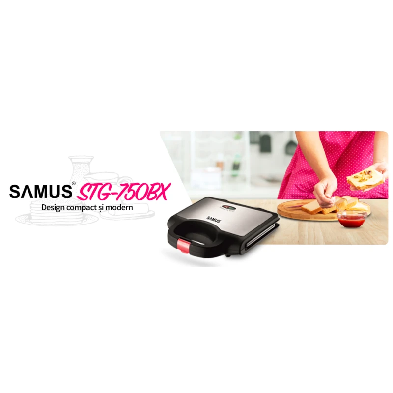 Sandwich maker Samus STG-750BX, 750W, placi grill antiaderente, termostat, carcasa cu inox