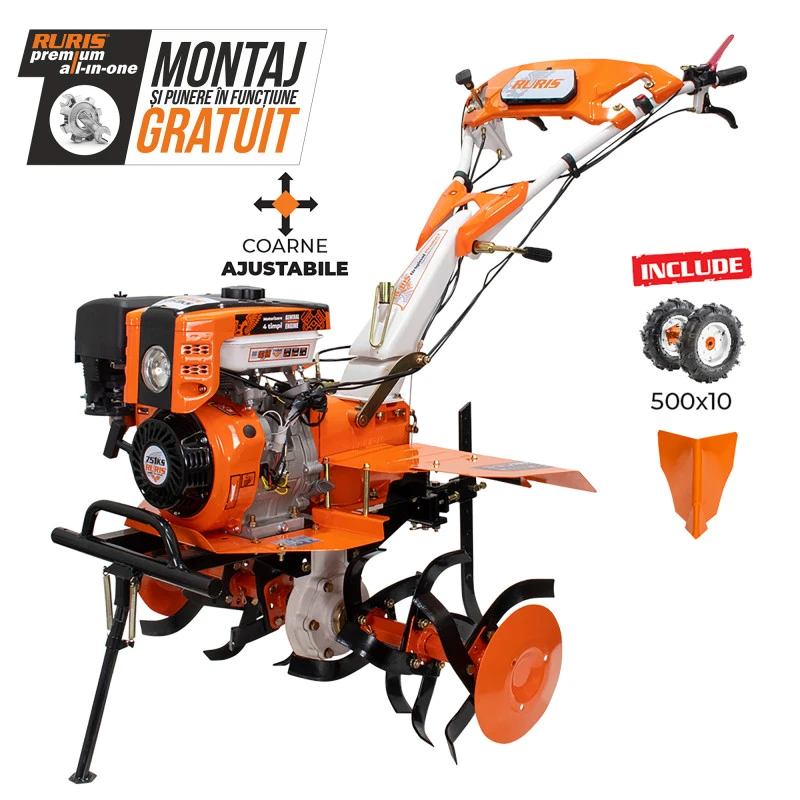 Motosapatoare RURIS 751KS Start, motor benzina, 270 CC, 9.5 CP, roti cauciuc 5.00-10, rarita, coarne ajustabile