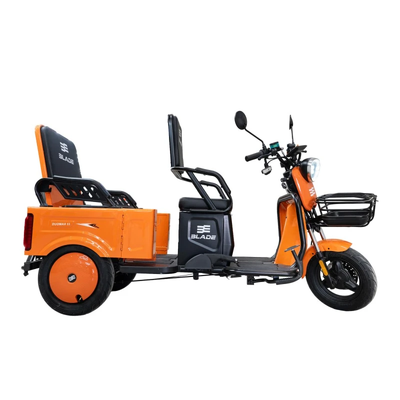 Triciclu electric BLADE DUO MAX 11, 1200W, 60V 20Ah, autonomie 50 km, 3+1 viteze, viteza maxima de 25 km/h, conform reglementarilor UE, fara permis, Portocaliu-Negru