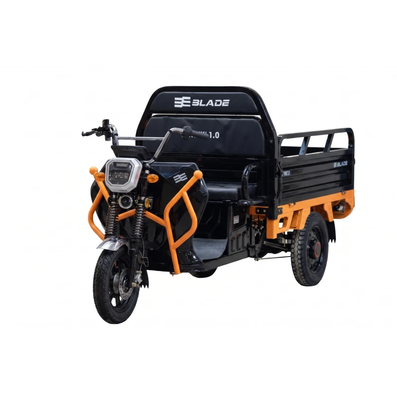 Triciclu Cargo electric BLADE Active R6 1300W, autonomie pana la 50 km, baterie plumb-acid 72 V/20 Ah, viteza maxima de 25 km/h, conform reglementarilor UE, fara permis, Negru-Portocaliu