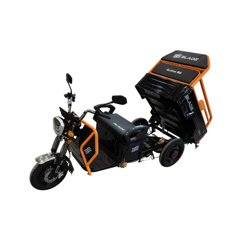 Triciclu Cargo electric BLADE Active R6 1300W, autonomie pana la 50 km, baterie plumb-acid 72 V/20 Ah, viteza maxima de 25 km/h, conform reglementarilor UE, fara permis, Negru-Portocaliu