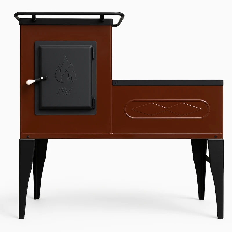 Soba pe Lemne cu Plita din Fonta (3 Ochiuri) și Cuptor Stanga, Emailata, Ø120 mm, 1000x1150x450 mm, Randament 67%, Maro