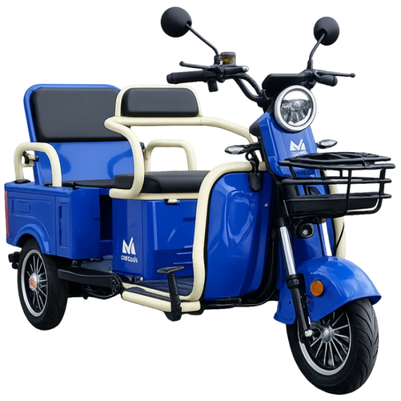 Triciclu electric Evotools TRCC1200, 1200W, baterie 60V20Ah, autonomie 52 KM, viteza maxima de 25 km/h, conform reglementarilor UE, fara permis, albastru